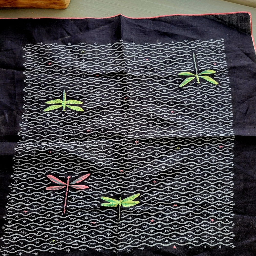 Vintage Tammis Keefe Signed Green and Pink Dragonfly Handkerchief